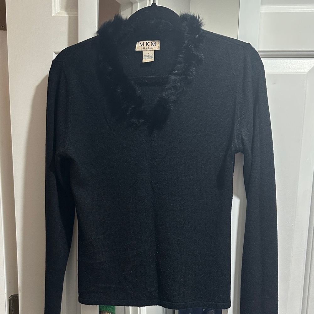 Michael Kors Black V-Neck Sweater with Fuzzy Trim